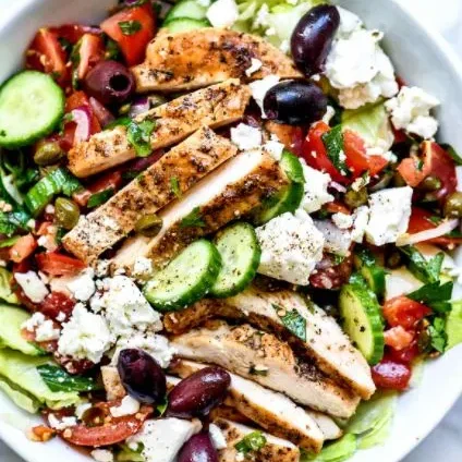 salad with olives, feta, cucumbers, chicken